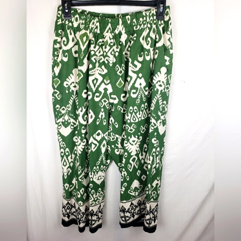 NWOT Haute Hippie Green and Beige Palozzo Linen Blend Wide Leg Pants Sz 1X